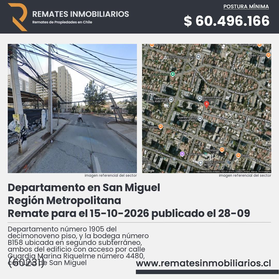 Imagen ficha Departamento número 1905 del decimonoveno piso, y la bodega número B158 ubicada en segundo subterráneo, ambos del edificio con acceso por calle Guardia Marina Riquelme número 4480, comuna de San Miguel