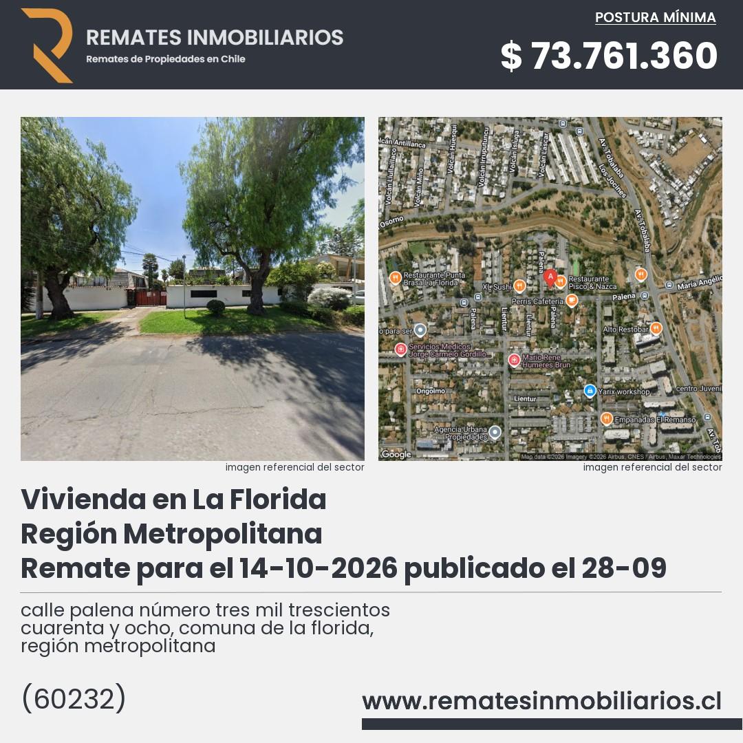 Imagen ficha calle palena número tres mil trescientos cuarenta y ocho, comuna de la florida, región metropolitana