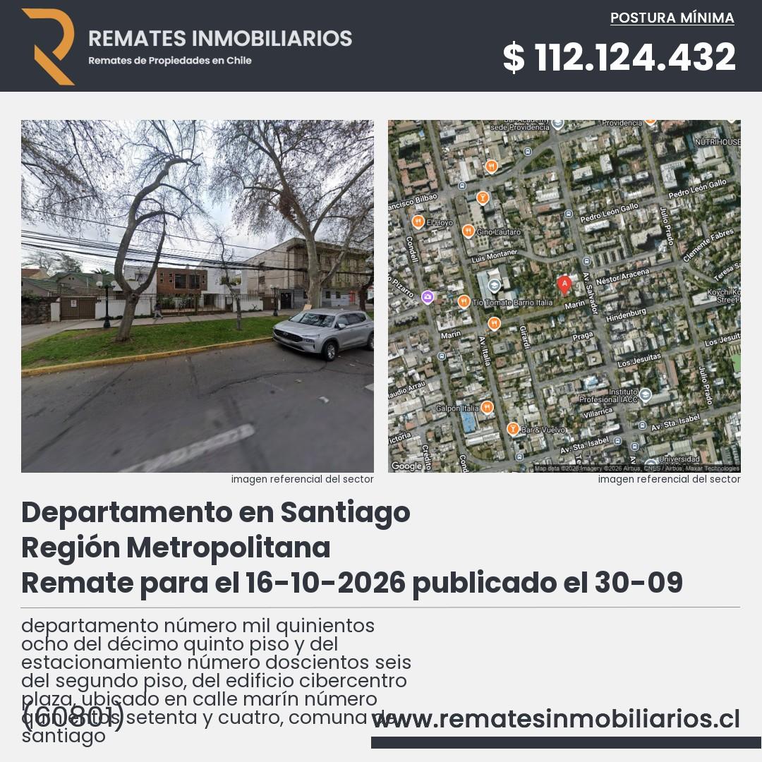 Imagen ficha departamento número mil quinientos ocho del décimo quinto piso y del estacionamiento número doscientos seis del segundo piso, del edificio cibercentro plaza, ubicado en calle marín número quinientos setenta y cuatro, comuna de santiago