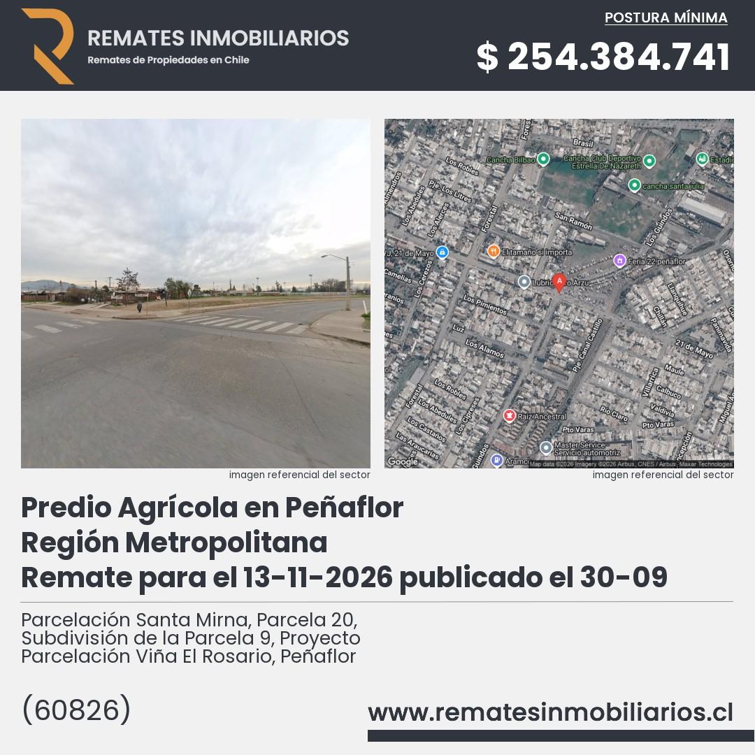 Imagen ficha Parcelación Santa Mirna, Parcela 20, Subdivisión de la Parcela 9, Proyecto Parcelación Viña El Rosario, Peñaflor