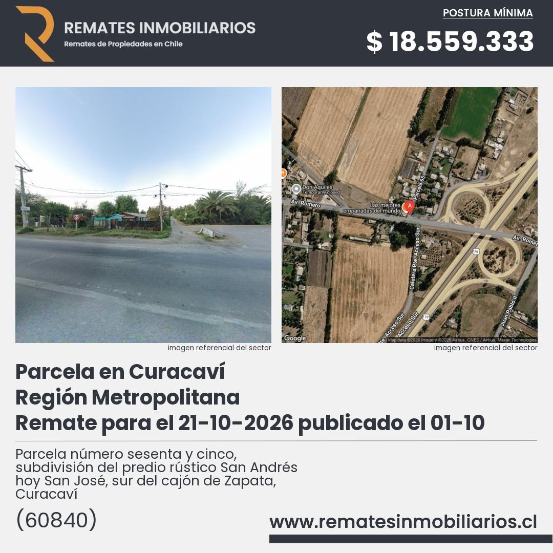 Imagen ficha Parcela número sesenta y cinco, subdivisión del predio rústico San Andrés hoy San José, sur del cajón de Zapata, Curacaví