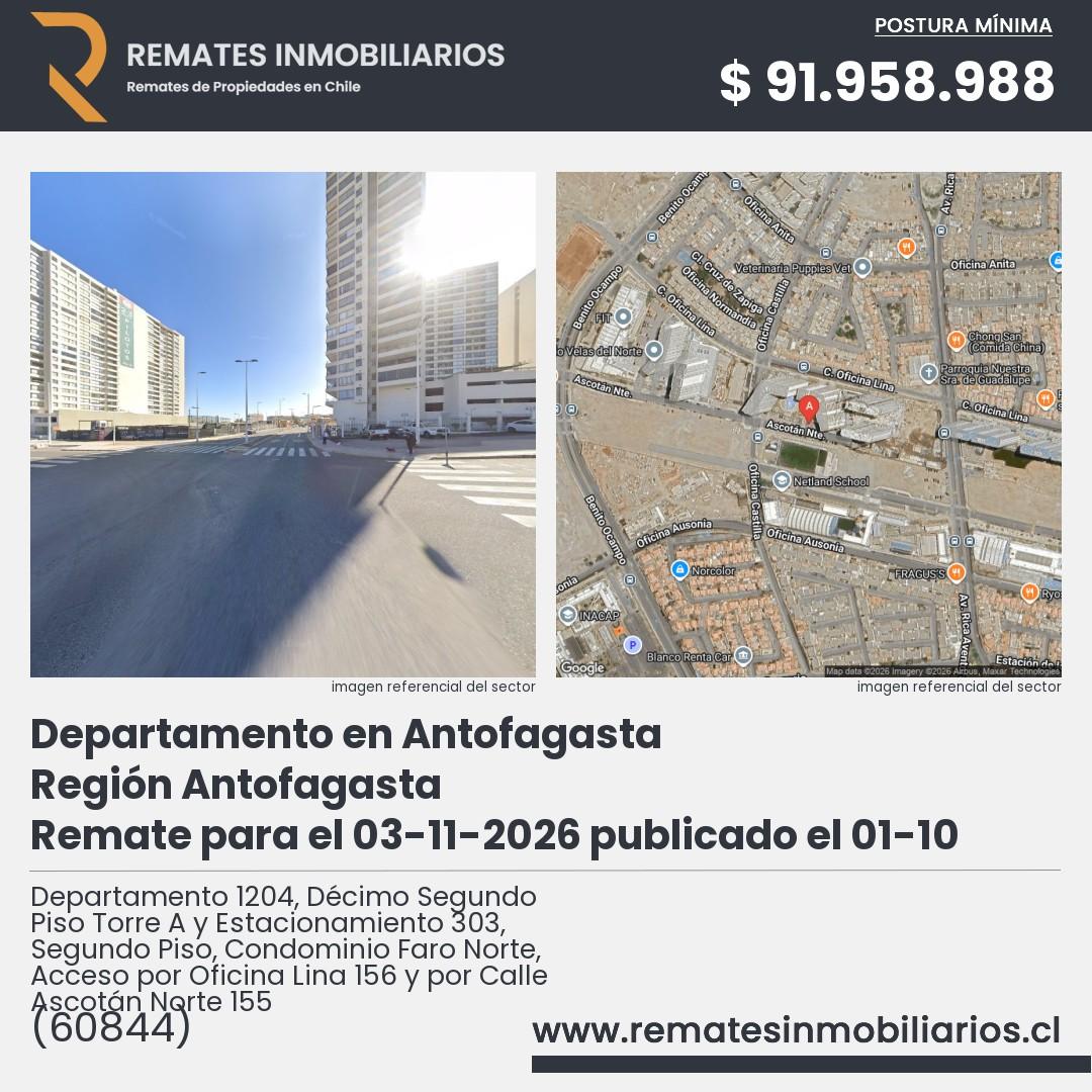 Imagen ficha Departamento 1204, Décimo Segundo Piso Torre A y Estacionamiento 303, Segundo Piso, Condominio Faro Norte, Acceso por Oficina Lina 156 y por Calle Ascotán Norte 155