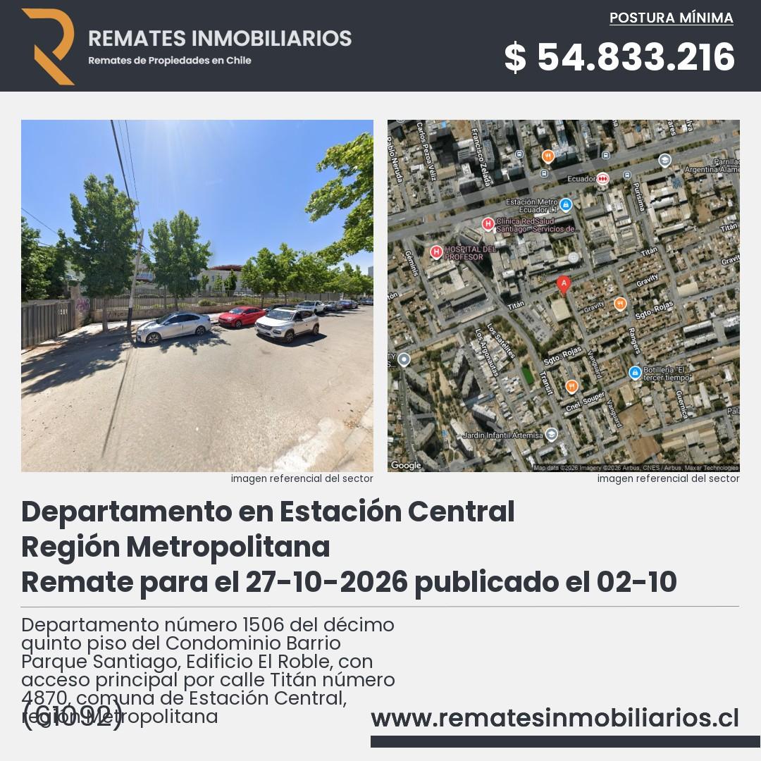 Imagen ficha Departamento número 1506 del décimo quinto piso del Condominio Barrio Parque Santiago, Edificio El Roble, con acceso principal por calle Titán número 4870, comuna de Estación Central, región Metropolitana