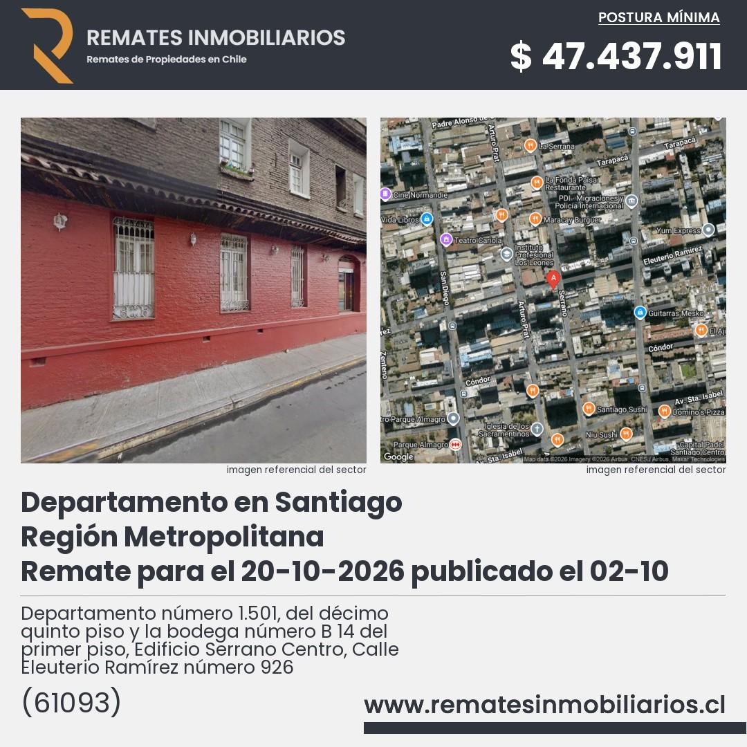Imagen ficha Departamento número 1.501, del décimo quinto piso y la bodega número B 14 del primer piso, Edificio Serrano Centro, Calle Eleuterio Ramírez número 926