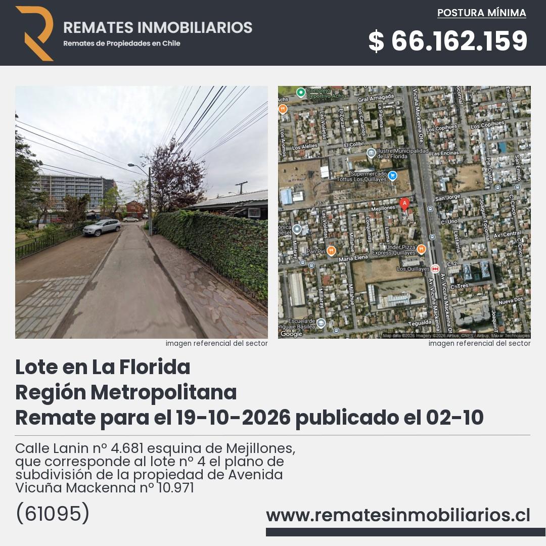 Imagen ficha Calle Lanin nº 4.681 esquina de Mejillones, que corresponde al lote nº 4 el plano de subdivisión de la propiedad de Avenida Vicuña Mackenna nº 10.971