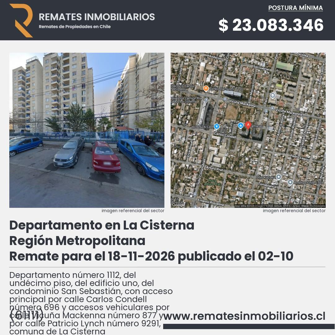 Imagen ficha Departamento número 1112, del undécimo piso, del edificio uno, del condominio San Sebastián, con acceso principal por calle Carlos Condell número 696 y accesos vehiculares por calle Vicuña Mackenna número 877 y por calle Patricio Lynch número 9291, comuna de La Cisterna