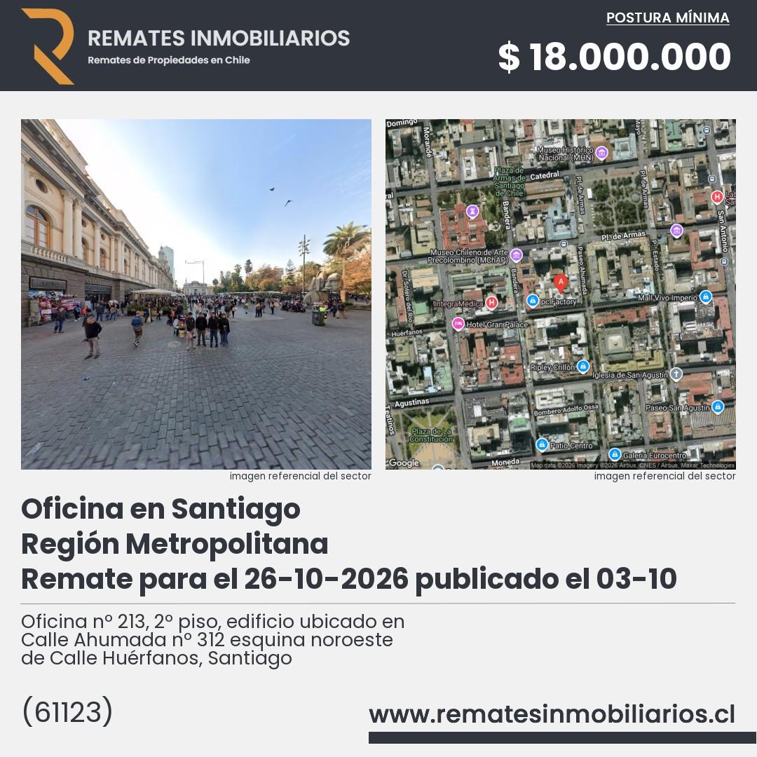 Imagen ficha Oficina nº 213, 2º piso, edificio ubicado en Calle Ahumada nº 312 esquina noroeste de Calle Huérfanos, Santiago