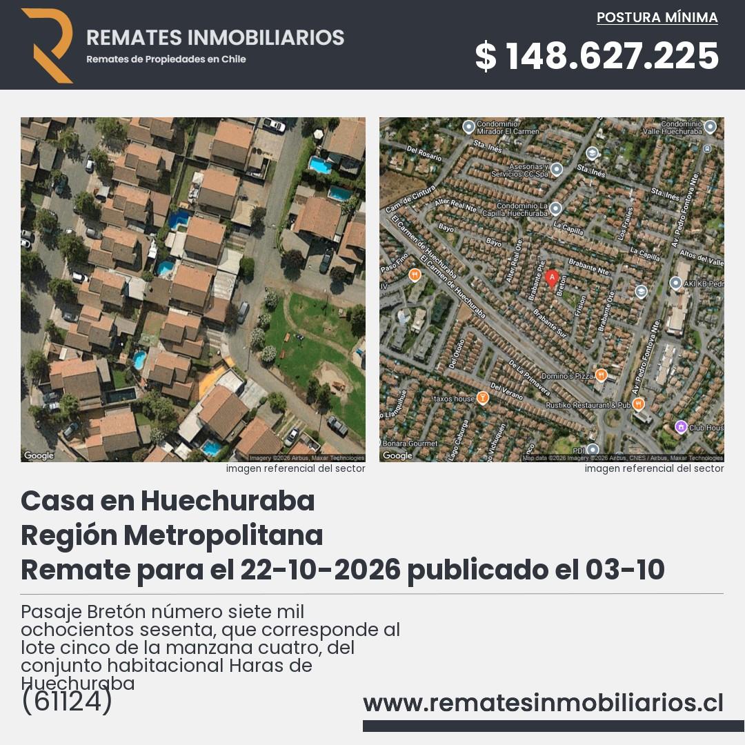 Imagen ficha Pasaje Bretón número siete mil ochocientos sesenta, que corresponde al lote cinco de la manzana cuatro, del conjunto habitacional Haras de Huechuraba