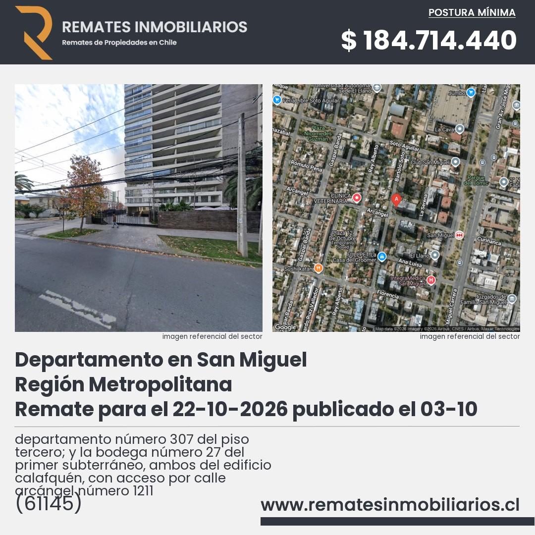 Imagen ficha departamento número 307 del piso tercero; y la bodega número 27 del primer subterráneo, ambos del edificio calafquén, con acceso por calle arcángel número 1211