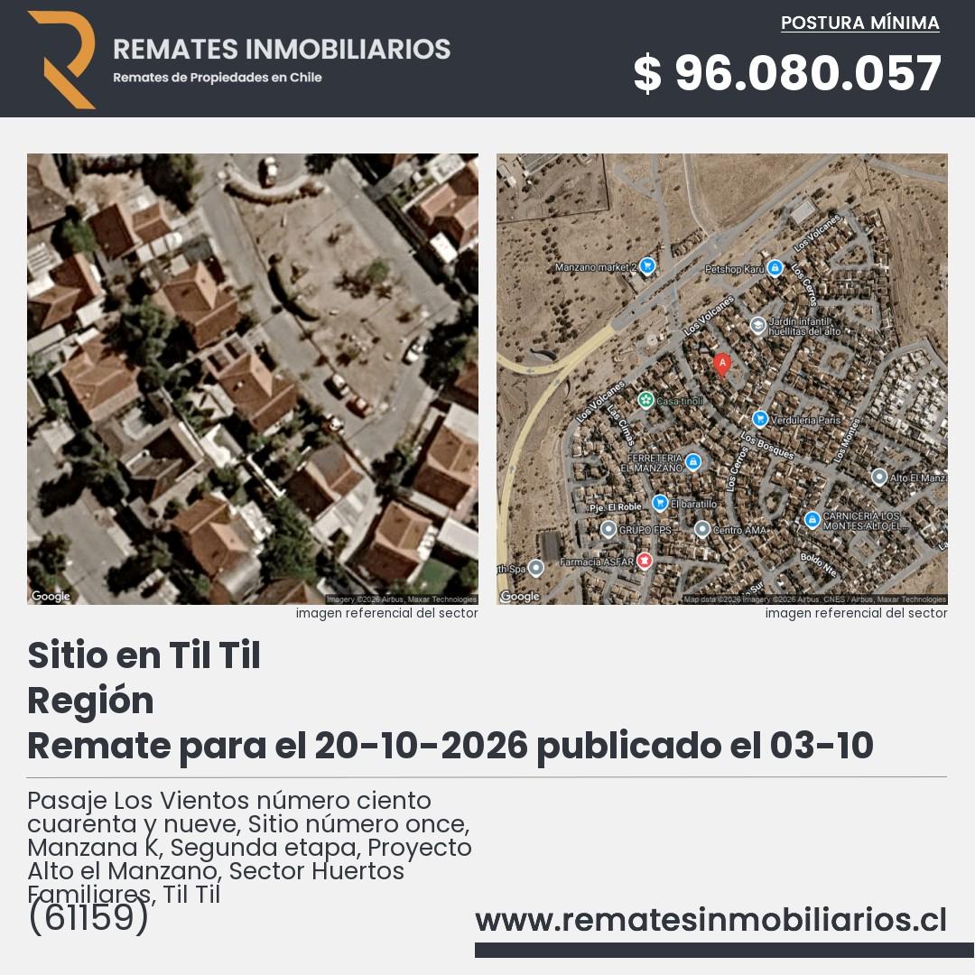 Imagen ficha Pasaje Los Vientos número ciento cuarenta y nueve, Sitio número once, Manzana K, Segunda etapa, Proyecto Alto el Manzano, Sector Huertos Familiares, Til Til