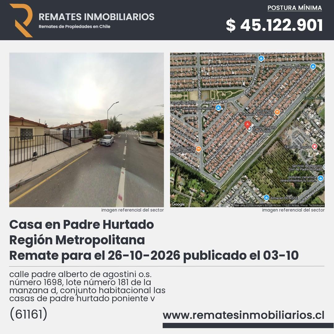 Imagen ficha calle padre alberto de agostini o.s. número 1698, lote número 181 de la manzana d, conjunto habitacional las casas de padre hurtado poniente v