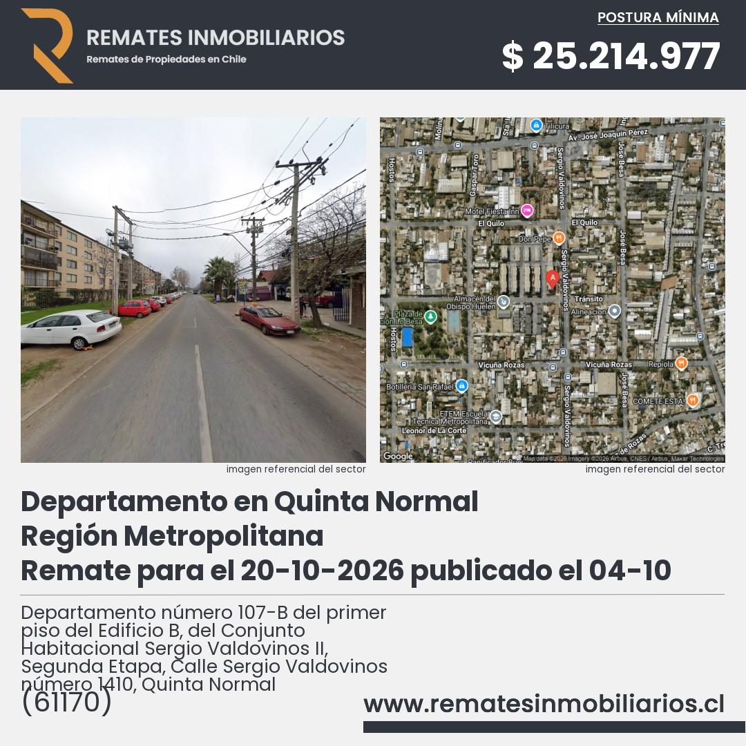 Imagen ficha Departamento número 107-B del primer piso del Edificio B, del Conjunto Habitacional Sergio Valdovinos II, Segunda Etapa, Calle Sergio Valdovinos número 1410, Quinta Normal
