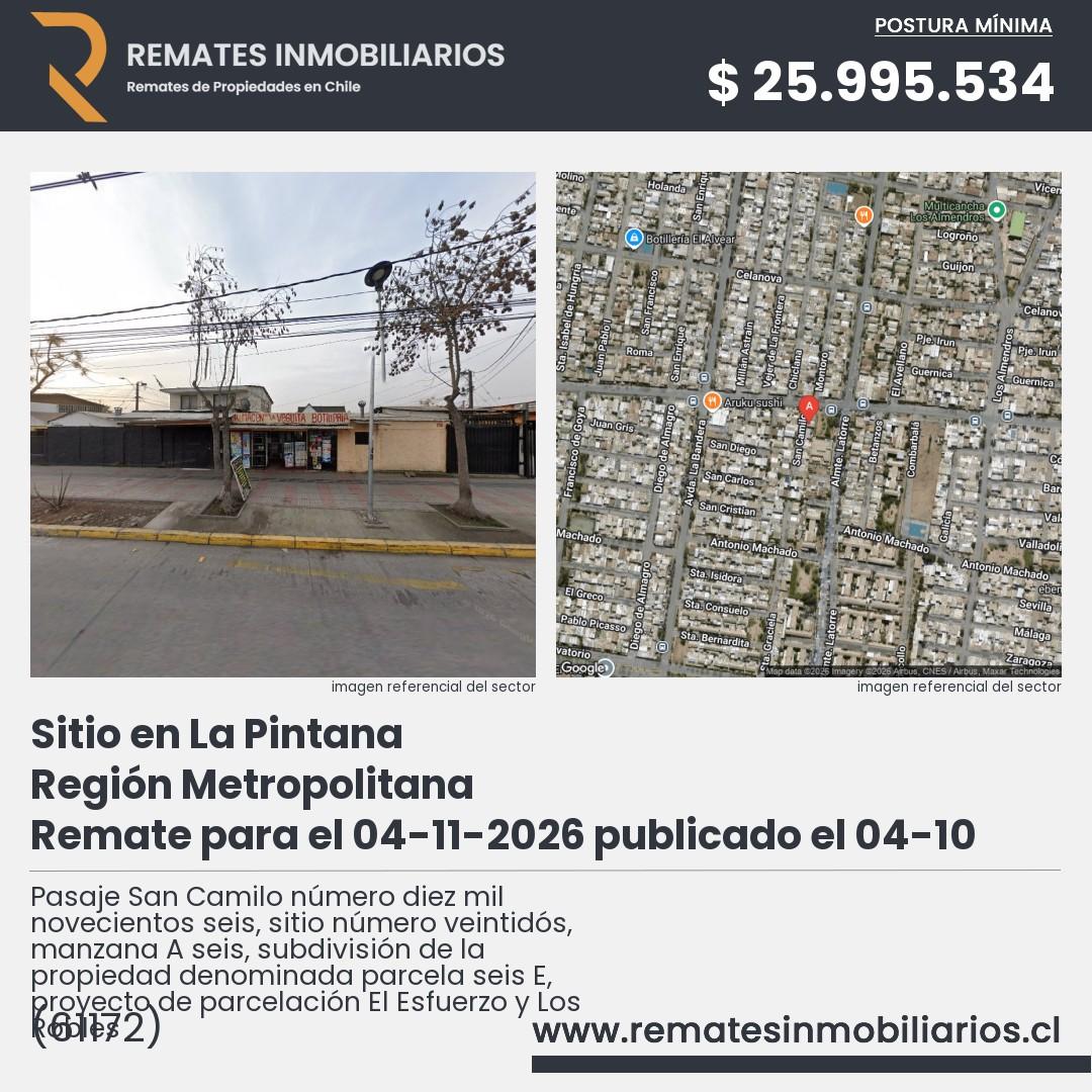 Imagen ficha Pasaje San Camilo número diez mil novecientos seis, sitio número veintidós, manzana A seis, subdivisión de la propiedad denominada parcela seis E, proyecto de parcelación El Esfuerzo y Los Robles