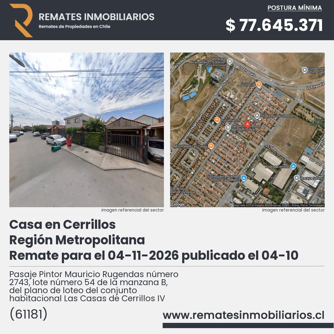 Imagen ficha Pasaje Pintor Mauricio Rugendas número 2743, lote número 54 de la manzana B, del plano de loteo del conjunto habitacional Las Casas de Cerrillos IV