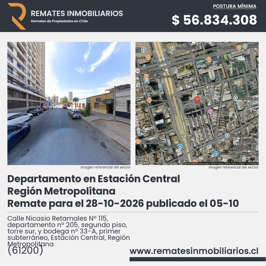 Imagen ficha Calle Nicasio Retamales Nº 115, departamento nº 205, segundo piso, torre sur, y bodega nº 33-A, primer subterráneo, Estación Central, Región Metropolitana