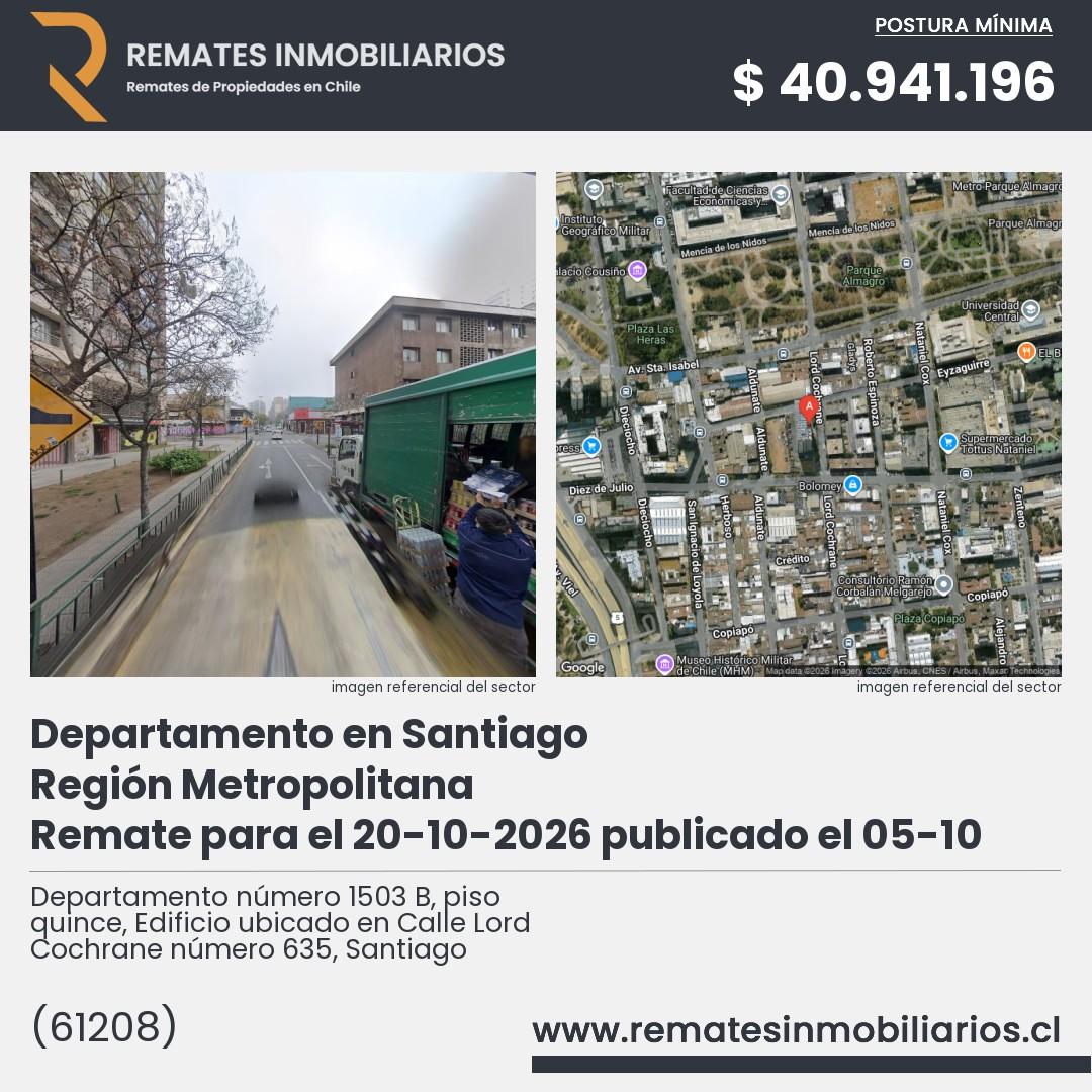 Imagen ficha Departamento número 1503 B, piso quince, Edificio ubicado en Calle Lord Cochrane número 635, Santiago