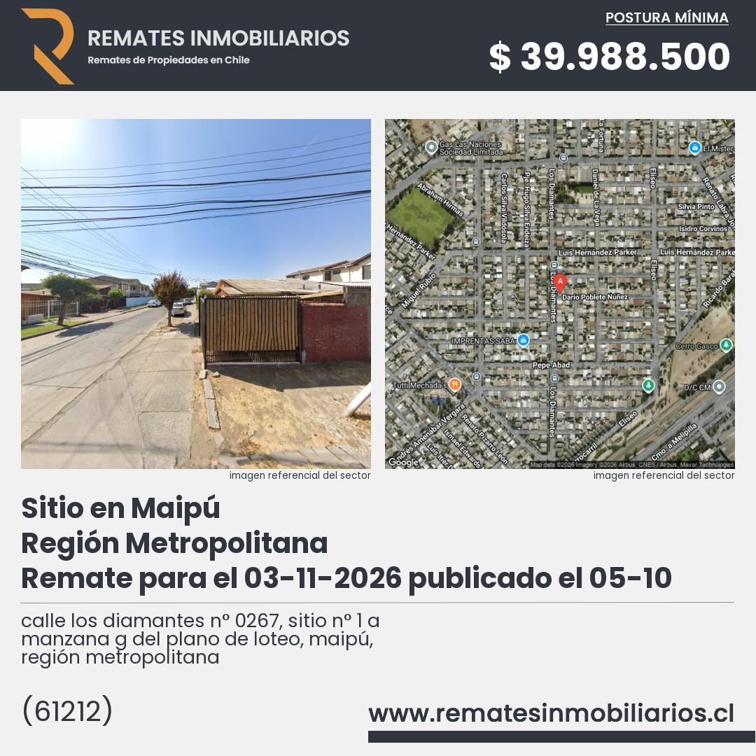 Imagen ficha calle los diamantes n° 0267, sitio n° 1 a manzana g del plano de loteo, maipú, región metropolitana