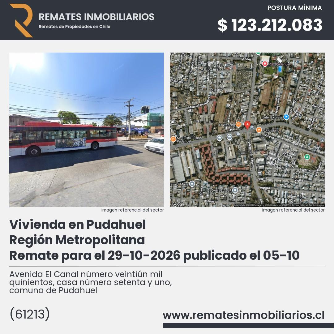 Imagen ficha Avenida El Canal número veintiún mil quinientos, casa número setenta y uno, comuna de Pudahuel