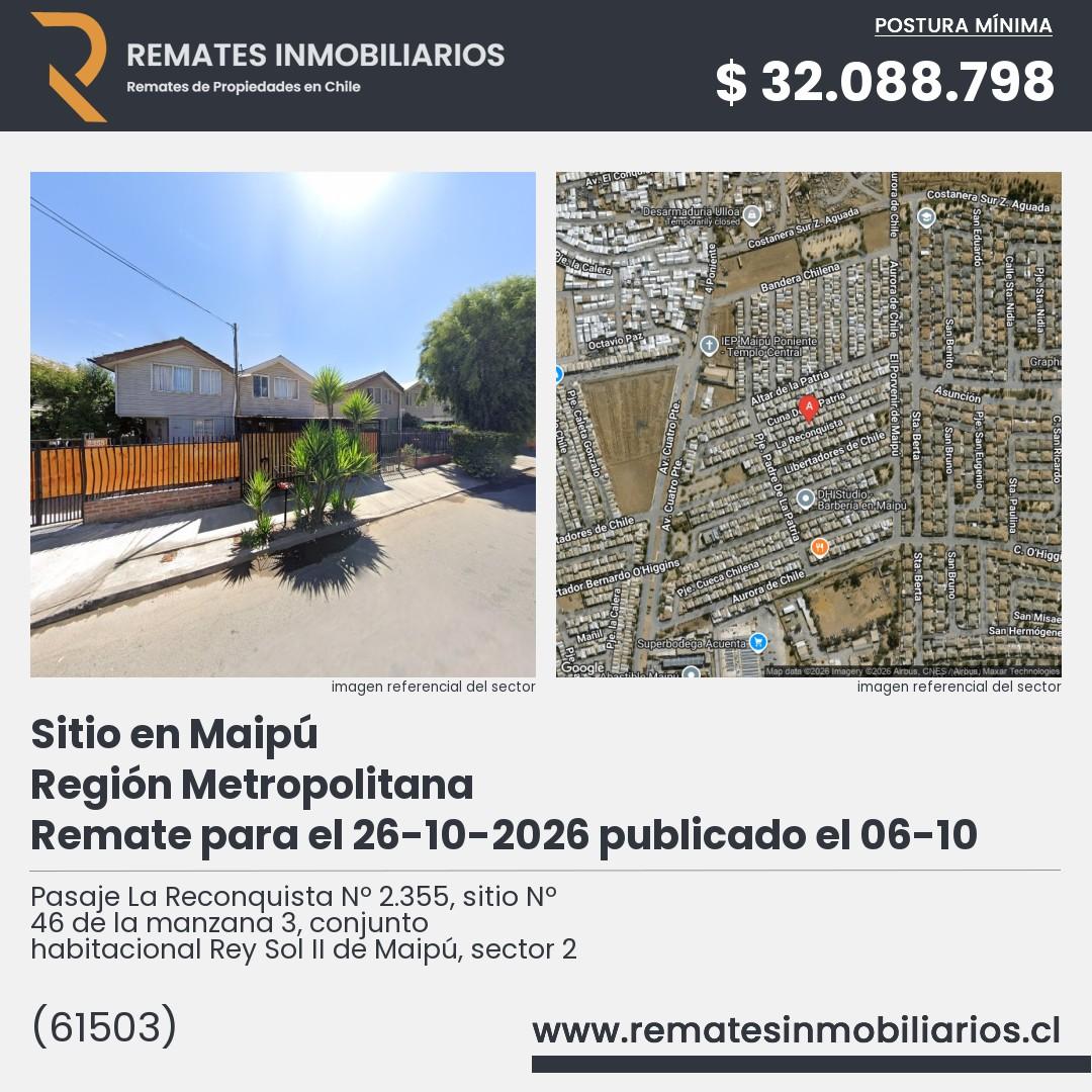 Imagen ficha Pasaje La Reconquista Nº 2.355, sitio Nº 46 de la manzana 3, conjunto habitacional Rey Sol II de Maipú, sector 2