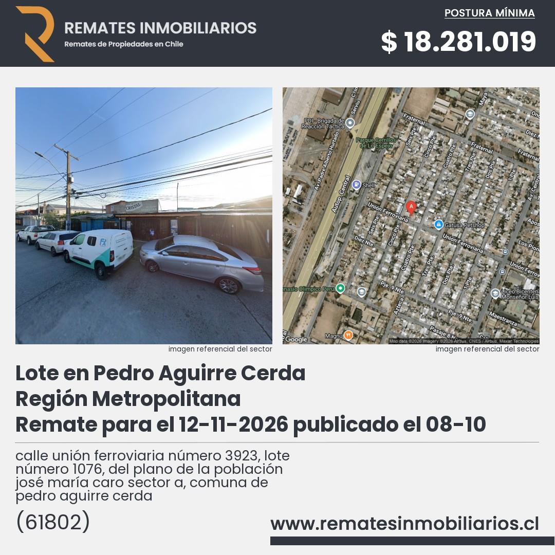 Imagen ficha calle unión ferroviaria número 3923, lote número 1076, del plano de la población josé maría caro sector a, comuna de pedro aguirre cerda
