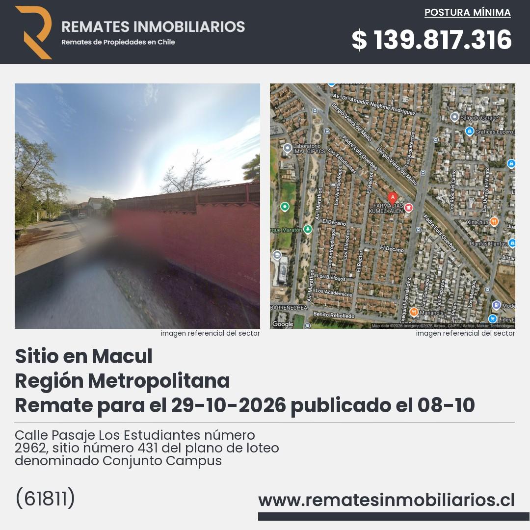 Imagen ficha Calle Pasaje Los Estudiantes número 2962, sitio número 431 del plano de loteo denominado Conjunto Campus