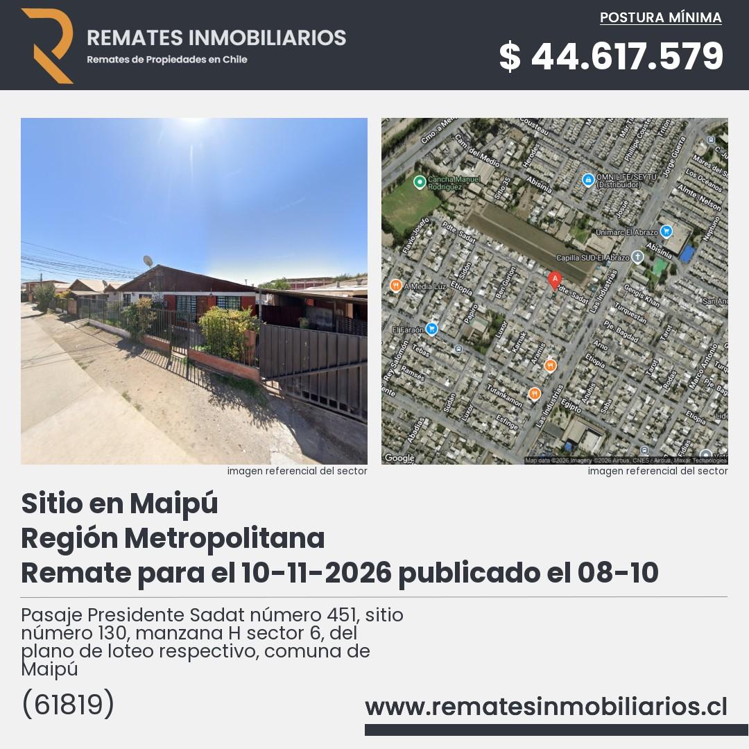 Imagen ficha Pasaje Presidente Sadat número 451, sitio número 130, manzana H sector 6, del plano de loteo respectivo, comuna de Maipú