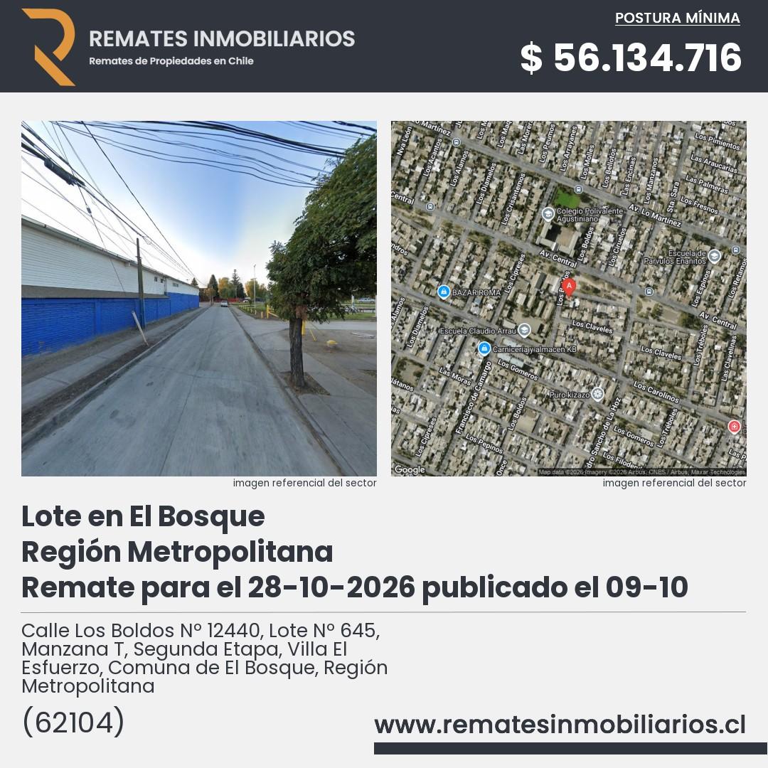 Imagen ficha Calle Los Boldos Nº 12440, Lote Nº 645, Manzana T, Segunda Etapa, Villa El Esfuerzo, Comuna de El Bosque, Región Metropolitana