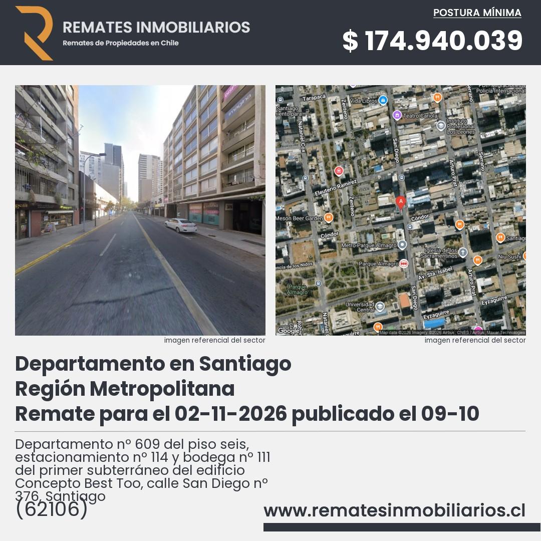 Imagen ficha Departamento nº 609 del piso seis, estacionamiento nº 114 y bodega nº 111 del primer subterráneo del edificio Concepto Best Too, calle San Diego nº 376, Santiago