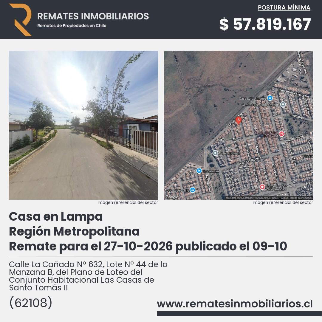 Imagen ficha Calle La Cañada Nº 632, Lote Nº 44 de la Manzana B, del Plano de Loteo del Conjunto Habitacional Las Casas de Santo Tomás II