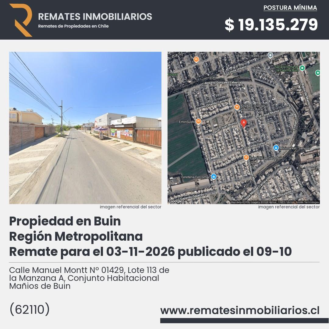 Imagen ficha Calle Manuel Montt Nº 01429, Lote 113 de la Manzana A, Conjunto Habitacional Mañios de Buin