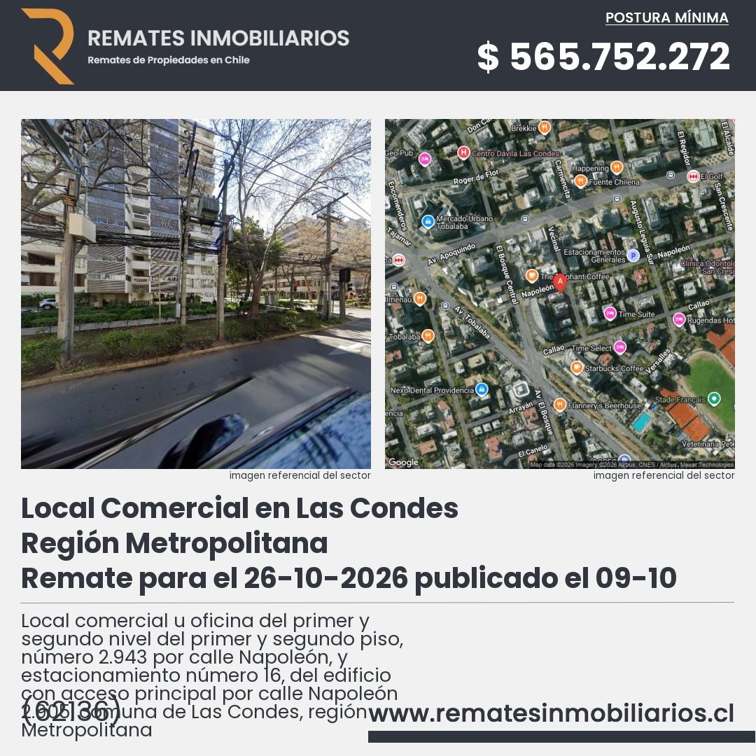 Imagen ficha Local comercial u oficina del primer y segundo nivel del primer y segundo piso, número 2.943 por calle Napoleón, y estacionamiento número 16, del edificio con acceso principal por calle Napoleón 2.905, comuna de Las Condes, región Metropolitana