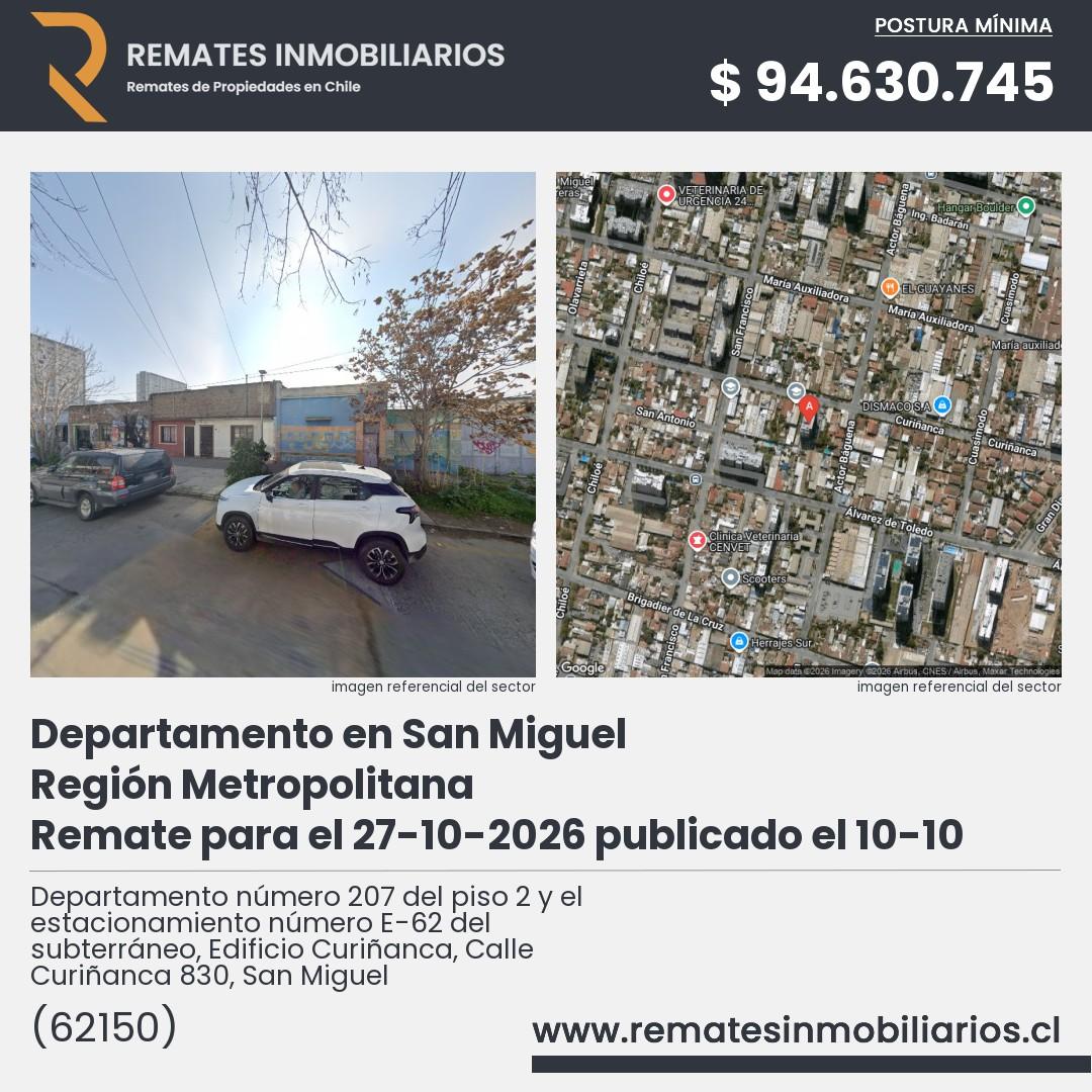 Imagen ficha Departamento número 207 del piso 2 y el estacionamiento número E-62 del subterráneo, Edificio Curiñanca, Calle Curiñanca 830, San Miguel