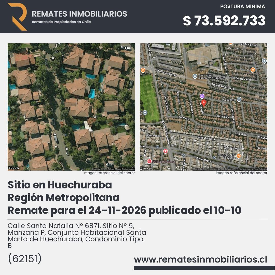 Imagen ficha Calle Santa Natalia Nº 6871, Sitio Nº 9, Manzana P, Conjunto Habitacional Santa Marta de Huechuraba, Condominio Tipo B