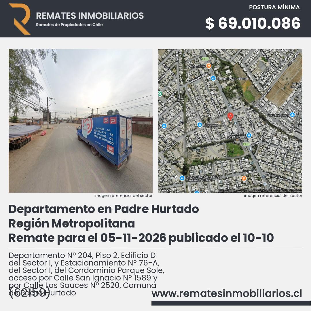 Imagen ficha Departamento Nº 204, Piso 2, Edificio D del Sector I, y Estacionamiento Nº 76-A, del Sector I, del Condominio Parque Sole, acceso por Calle San Ignacio Nº 1589 y por Calle Los Sauces Nº 2520, Comuna de Padre Hurtado