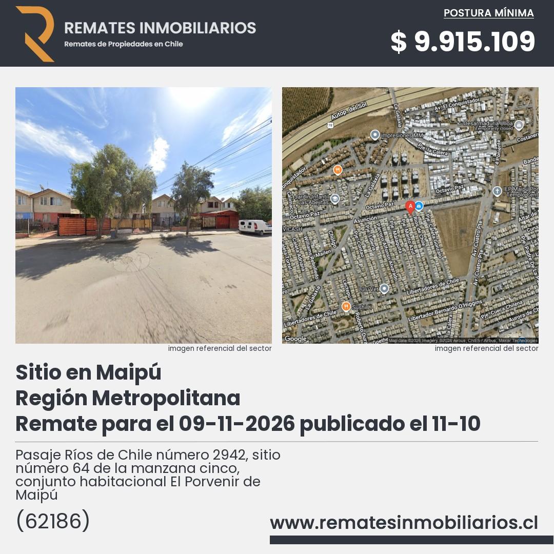 Imagen ficha Pasaje Ríos de Chile número 2942, sitio número 64 de la manzana cinco, conjunto habitacional El Porvenir de Maipú