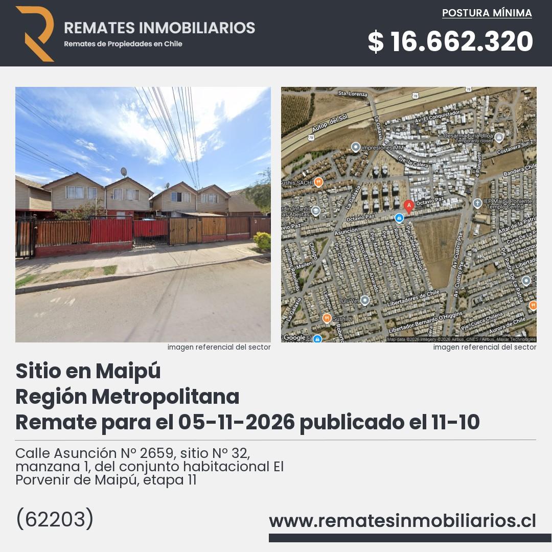 Imagen ficha Calle Asunción Nº 2659, sitio Nº 32, manzana 1, del conjunto habitacional El Porvenir de Maipú, etapa 11