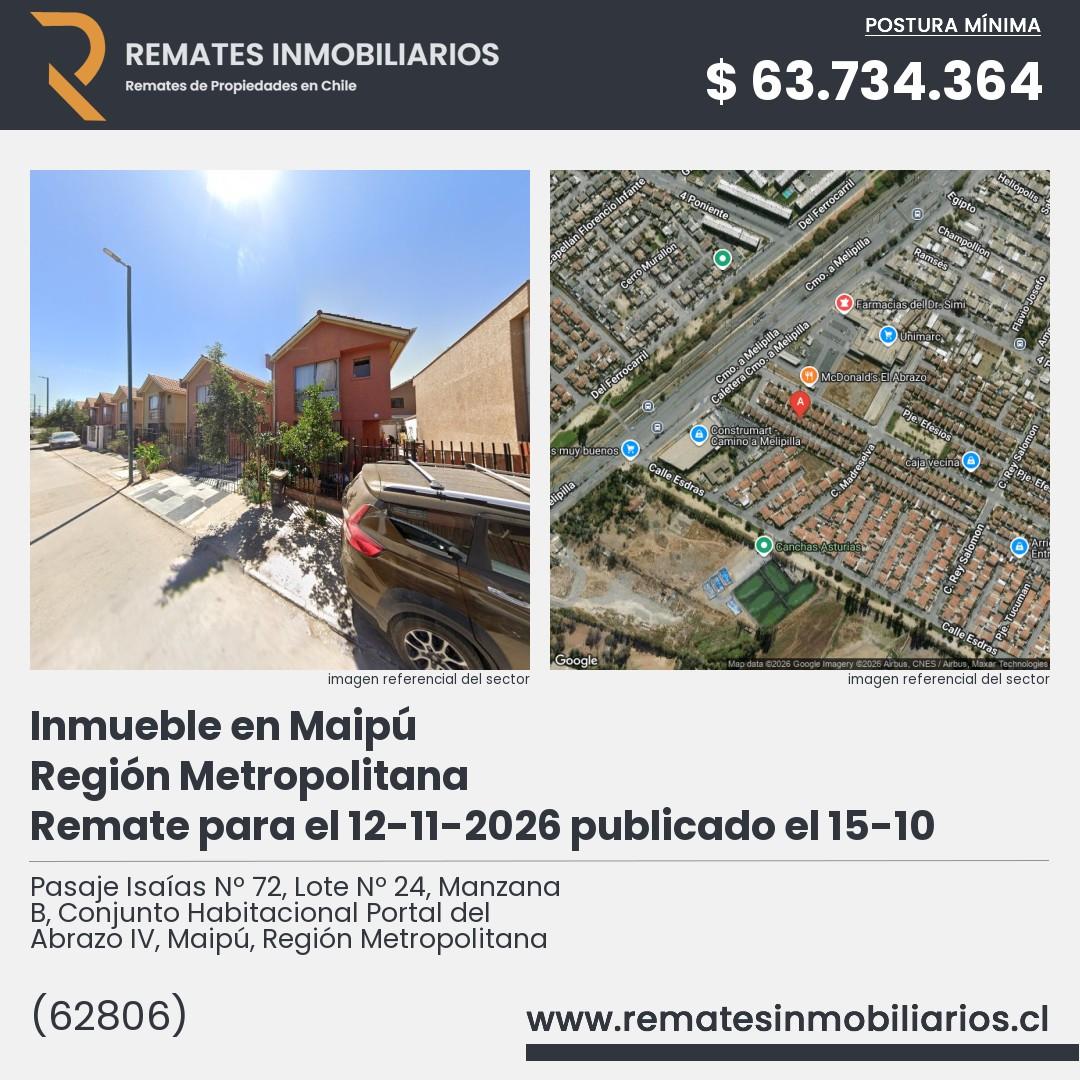 Imagen ficha Pasaje Isaías Nº 72, Lote Nº 24, Manzana B, Conjunto Habitacional Portal del Abrazo IV, Maipú, Región Metropolitana