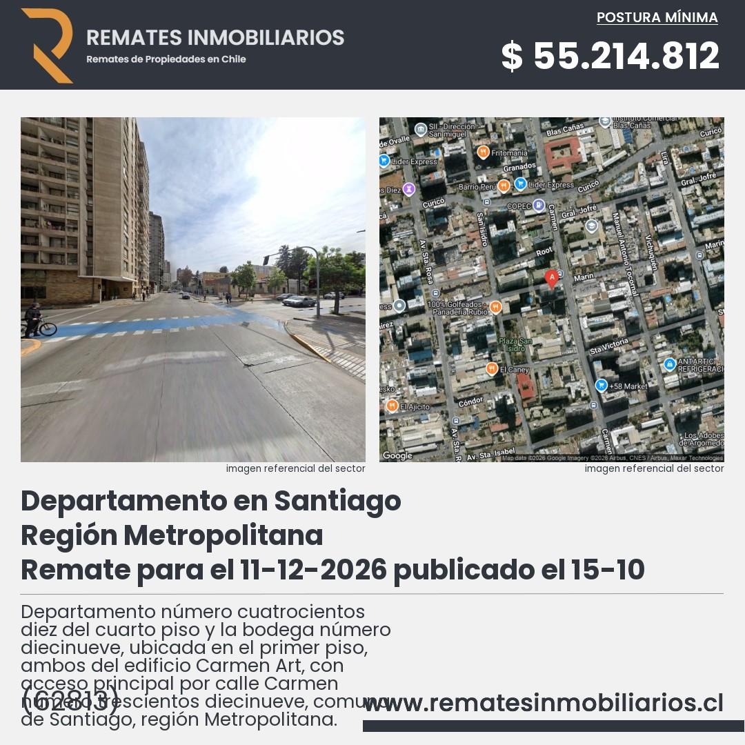 Imagen ficha Departamento número cuatrocientos diez del cuarto piso y la bodega número diecinueve, ubicada en el primer piso, ambos del edificio Carmen Art, con acceso principal por calle Carmen número trescientos diecinueve, comuna de Santiago, región Metropolitana.
