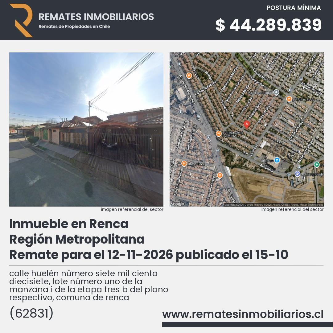 Imagen ficha calle huelén número siete mil ciento diecisiete, lote número uno de la manzana i de la etapa tres b del plano respectivo, comuna de renca