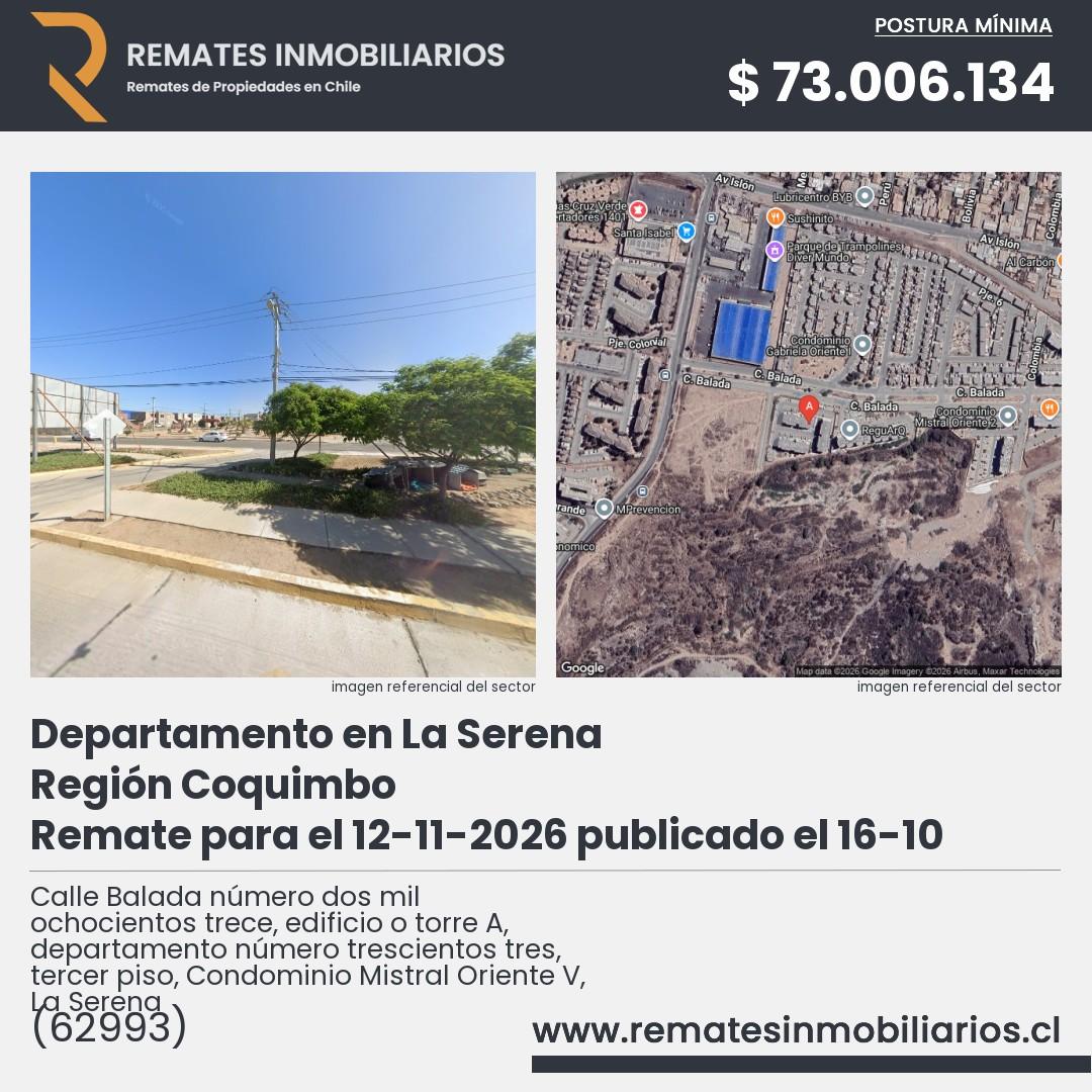 Imagen ficha Calle Balada número dos mil ochocientos trece, edificio o torre A, departamento número trescientos tres, tercer piso, Condominio Mistral Oriente V, La Serena