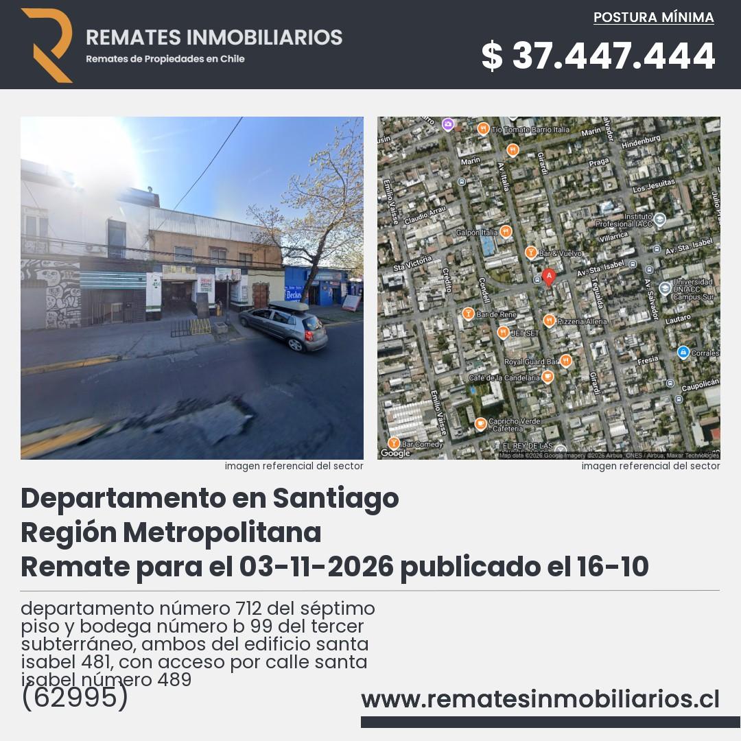 Imagen ficha departamento número 712 del séptimo piso y bodega número b 99 del tercer subterráneo, ambos del edificio santa isabel 481, con acceso por calle santa isabel número 489