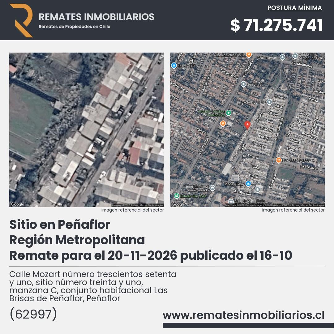 Imagen ficha Calle Mozart número trescientos setenta y uno, sitio número treinta y uno, manzana C, conjunto habitacional Las Brisas de Peñaflor, Peñaflor