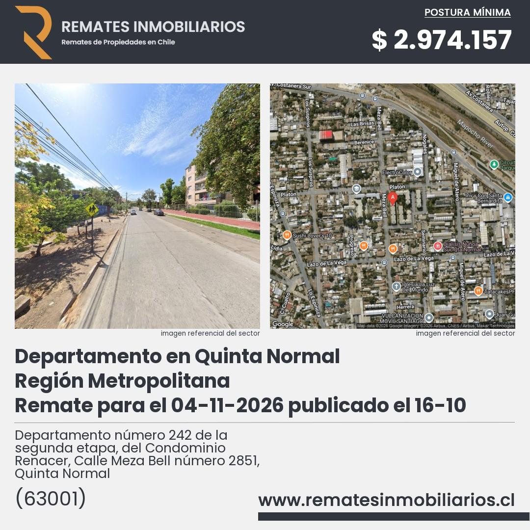 Imagen ficha Departamento número 242 de la segunda etapa, del Condominio Renacer, Calle Meza Bell número 2851, Quinta Normal