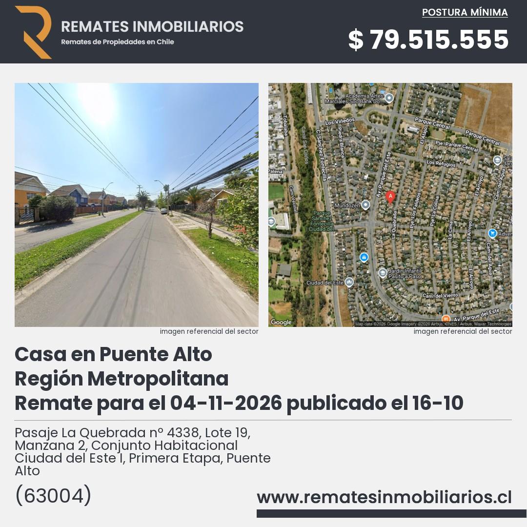 Imagen ficha Pasaje La Quebrada nº 4338, Lote 19, Manzana 2, Conjunto Habitacional Ciudad del Este I, Primera Etapa, Puente Alto