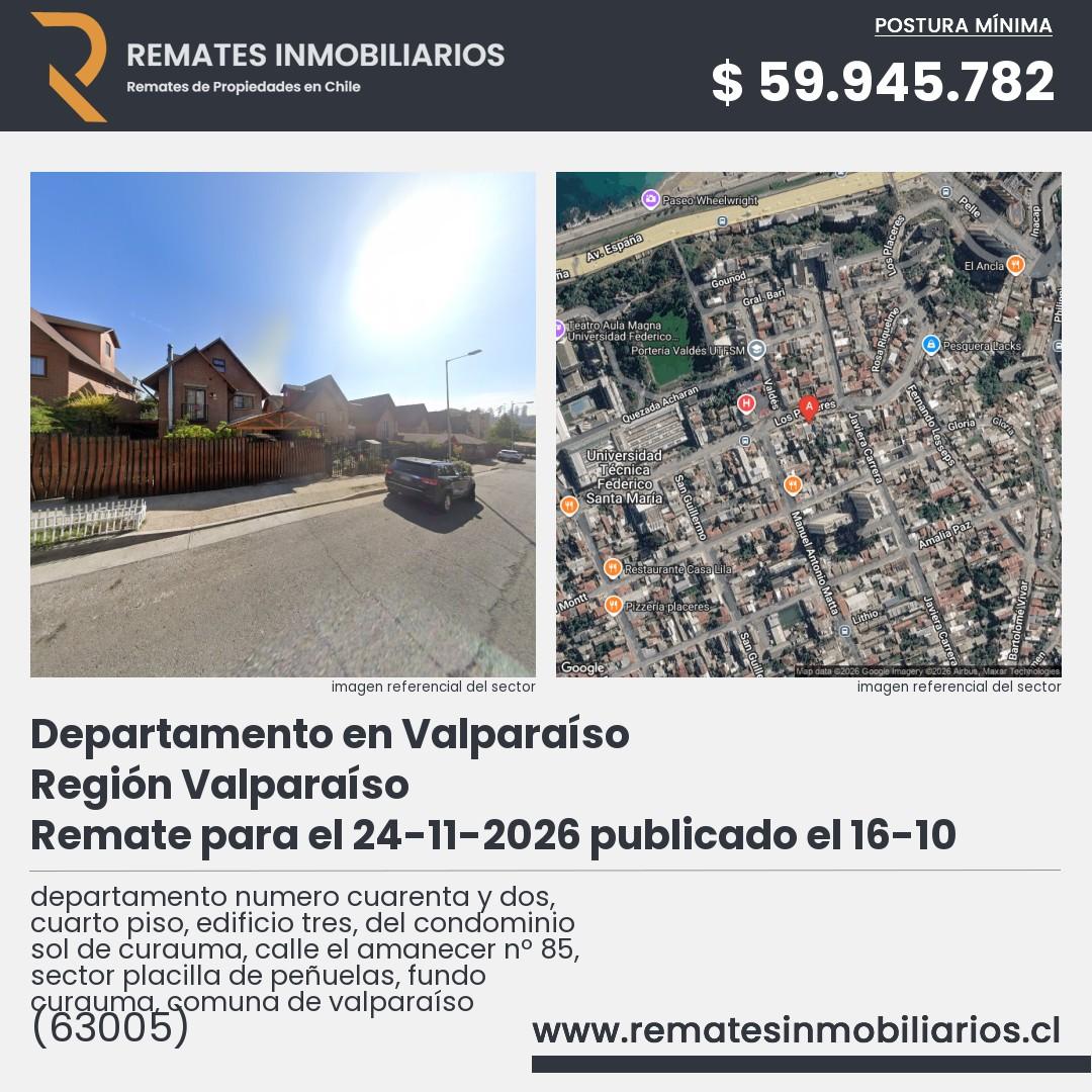 Imagen ficha departamento numero cuarenta y dos, cuarto piso, edificio tres, del condominio sol de curauma, calle el amanecer nº 85, sector placilla de peñuelas, fundo curauma, comuna de valparaíso