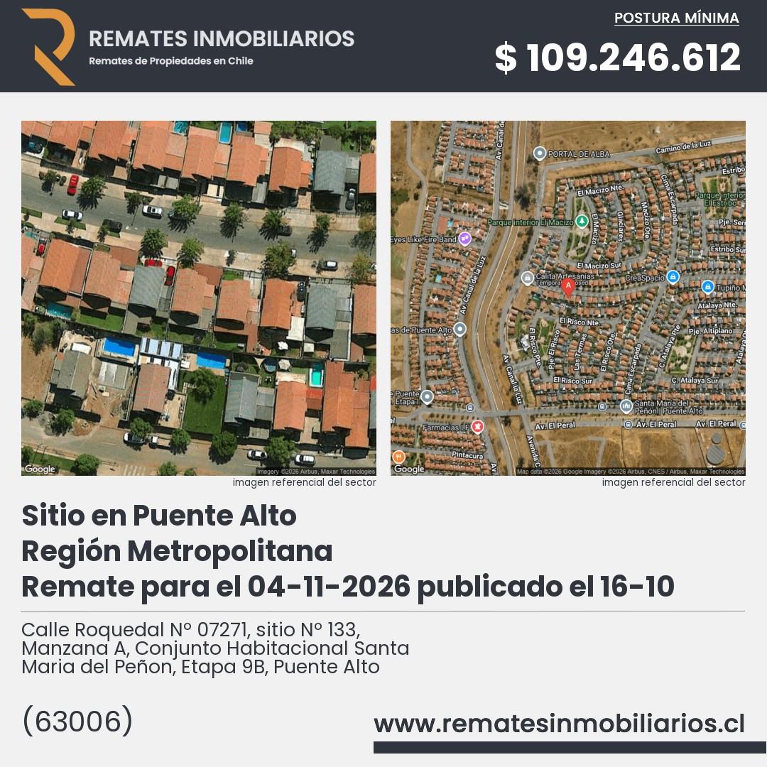 Imagen ficha Calle Roquedal Nº 07271, sitio Nº 133, Manzana A, Conjunto Habitacional Santa Maria del Peñon, Etapa 9B, Puente Alto