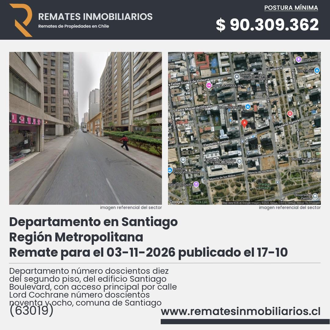Imagen ficha Departamento número doscientos diez del segundo piso, del edificio Santiago Boulevard, con acceso principal por calle Lord Cochrane número doscientos noventa y ocho, comuna de Santiago