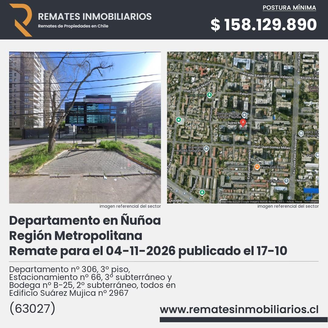 Imagen ficha Departamento nº 306, 3º piso, Estacionamiento nº 66, 3º subterráneo y Bodega nº B-25, 2º subterráneo, todos en Edificio Suárez Mujica nº 2967