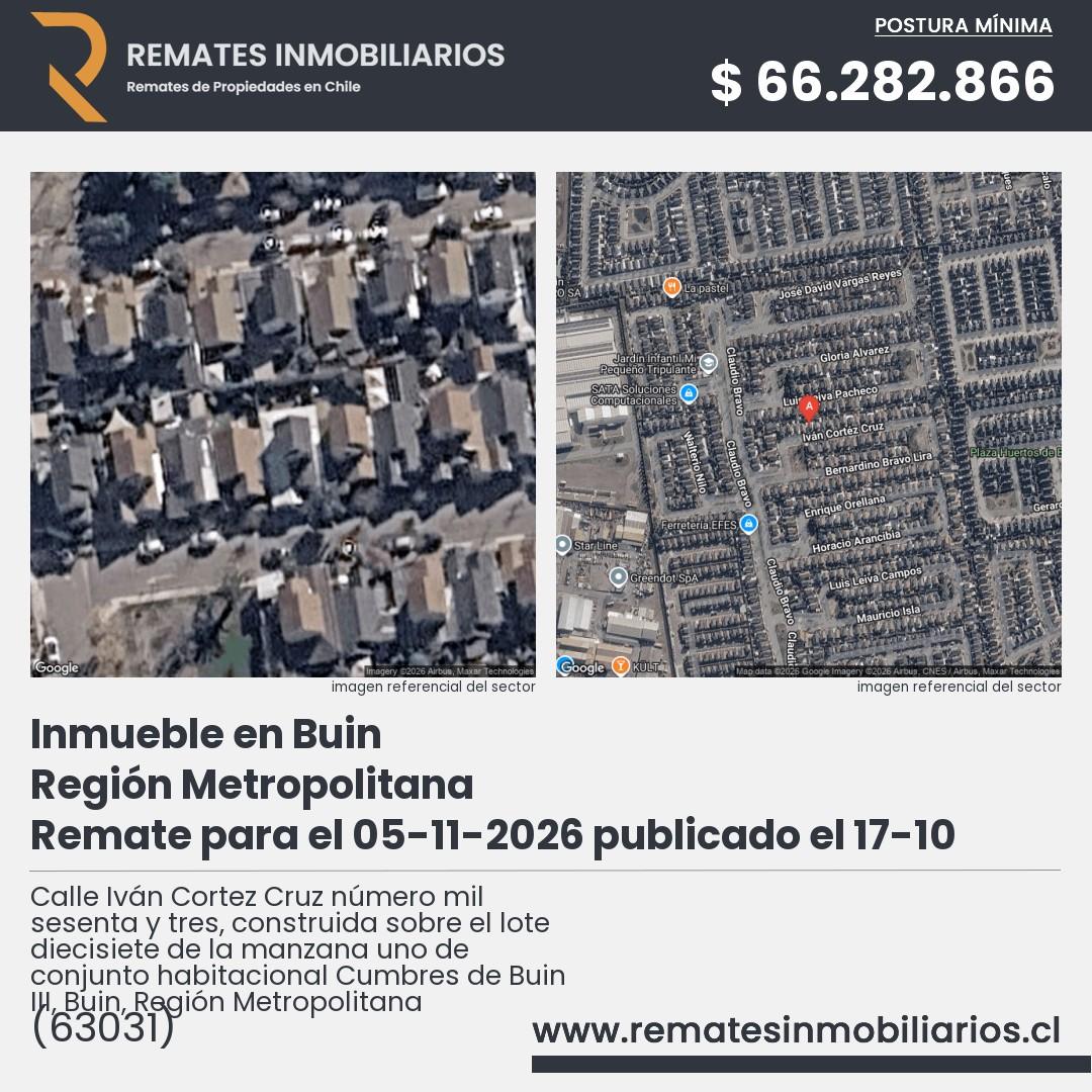 Imagen ficha Calle Iván Cortez Cruz número mil sesenta y tres, construida sobre el lote diecisiete de la manzana uno de conjunto habitacional Cumbres de Buin III, Buin, Región Metropolitana