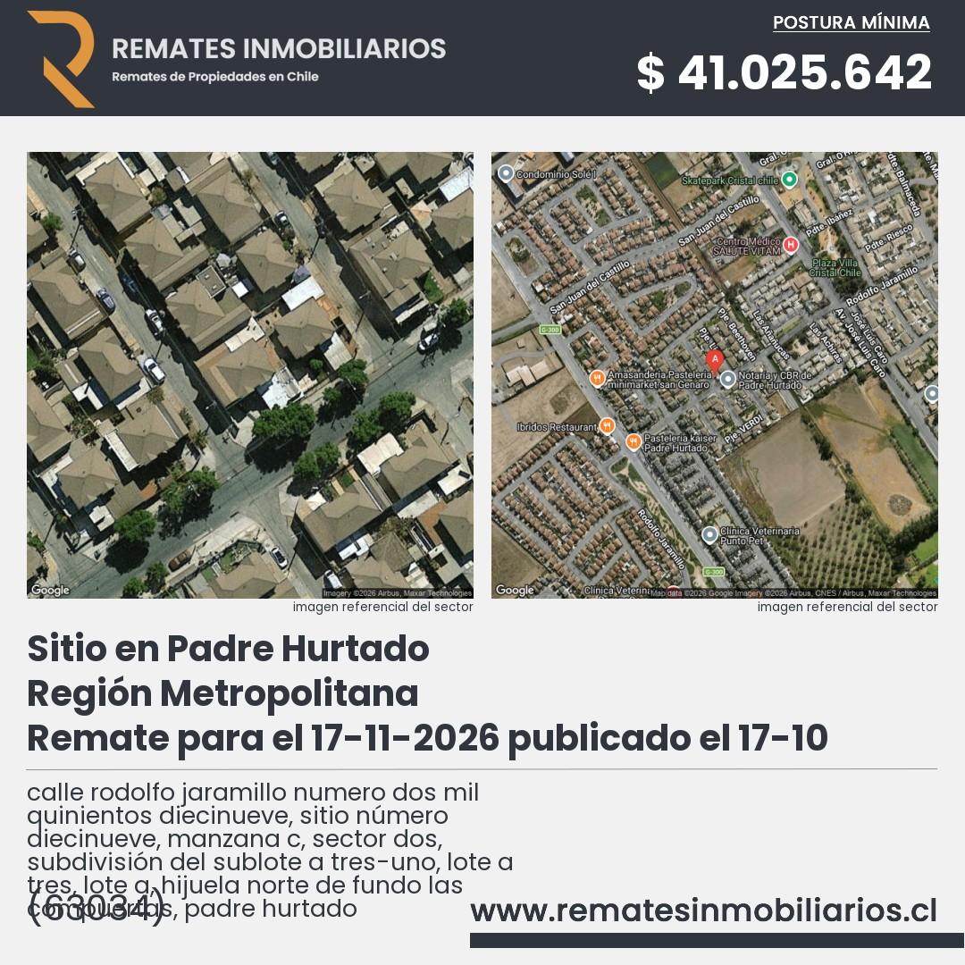 Imagen ficha calle rodolfo jaramillo numero dos mil quinientos diecinueve, sitio número diecinueve, manzana c, sector dos, subdivisión del sublote a tres-uno, lote a tres, lote a, hijuela norte de fundo las compuertas, padre hurtado